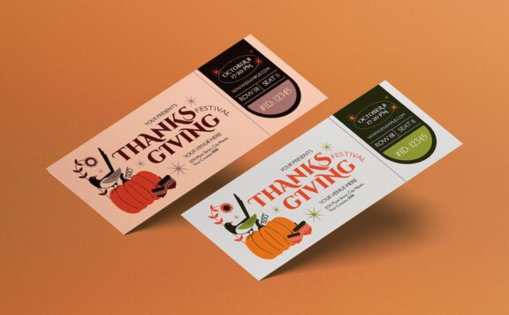 🔴清新简约时尚感恩节门票入场券设计模板-AI,PSD