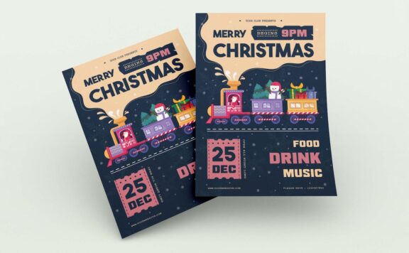 火车圣诞老人圣诞派对海报传单 (AI,EPS,JPG,PNG)