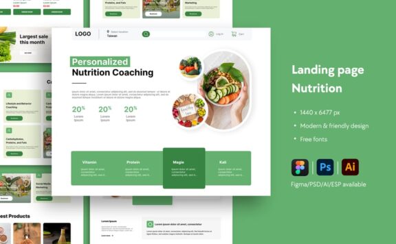 营养教练网站着陆页 (AI,EPS,FIG,PSD)