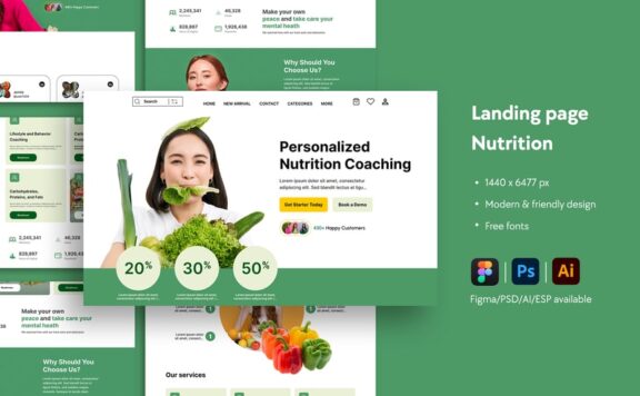 营养教练网站着陆页网页UI模板 (AI,EPS,FIG,PSD)