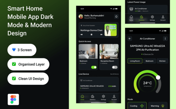 智能家居移动应用黑暗模式和现代设计APP UI KIT (FIG)