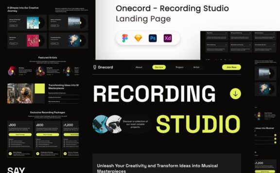 录制工作室着陆页网页UI套件 (FIG,SKETCH,PSD,XD)