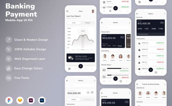 银行和付款移动应用APP UI KIT (SKETCH,FIG,XD,PSD)