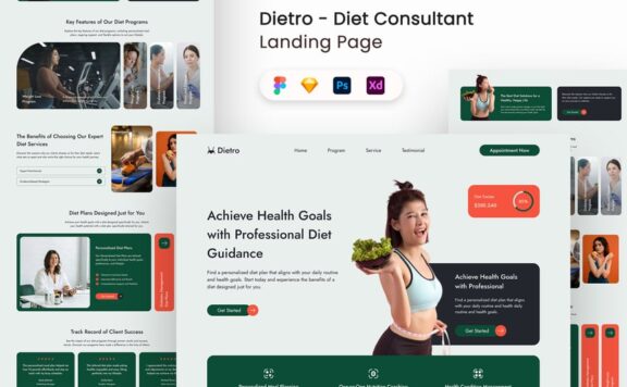 饮食顾问着陆页UI套件网页UI模板 (FIG,PSD,SKETCH,XD)