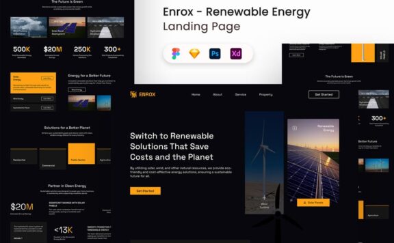 可再生能源着陆页UI套件网页UI模板 (FIG,SKETCH,PSD,XD)