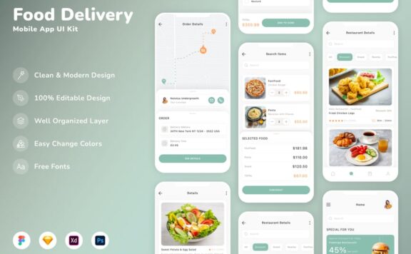 食品配送移动应用APP UI KIT (SKETCH,FIG,XD,PSD)