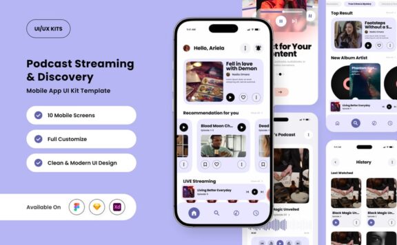光滑的播客流应用APP UI KIT (FIG,SKETCH,XD)