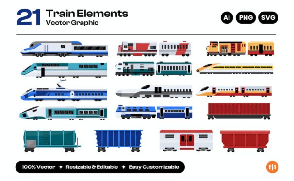 矢量铁路运输平面彩色图标集 (AI,PNG,SVG)