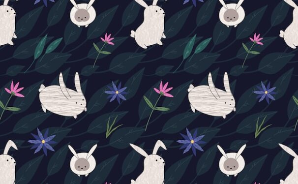 花叶兔子动物新年矢量装饰图案素材[eps]