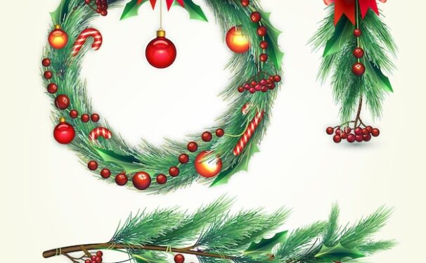 逼真的装饰圣诞冬青花环矢量收藏插画[ai,eps]