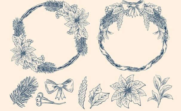 复古圣诞花卉&花环矢量设计素材[ai,eps]