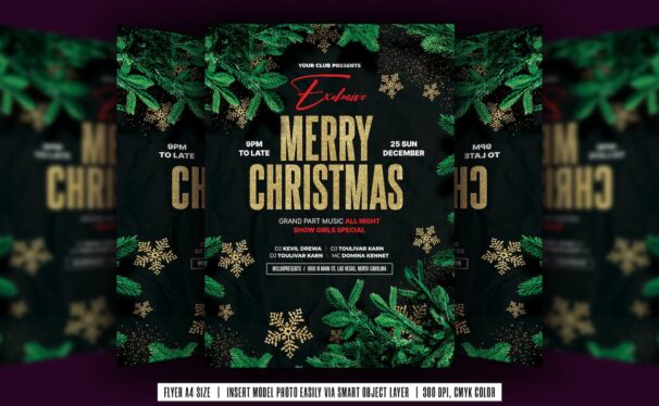 深色主题圣诞快乐派对传单海报设计模板 (PSD)