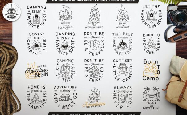 野营徽章旅行线条艺术标签标志Logo模板 (AI,EPS,JPG,PDF,PNG,PSD,SVG)