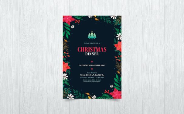 花叶框架圣诞晚餐派对邀请海报 (PSD)