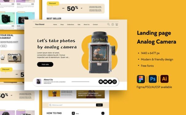 模拟相机网站着陆页 (AI,EPS,FIG,PSD)