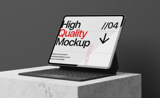 带有键盘模型模板的平板电脑样机 (PSD)