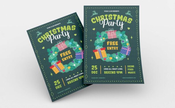 礼物花环圣诞派对传单海报模板 (AI,EPS,JPG,PNG)