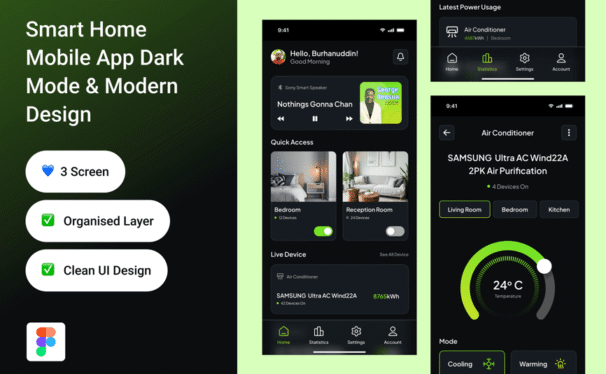 智能家居移动应用黑暗模式和现代设计APP UI KIT (FIG)