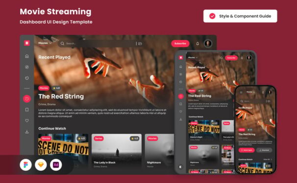 电影流媒体UI仪表板设计网页UI模板 (FIG,SKETCH,XD)