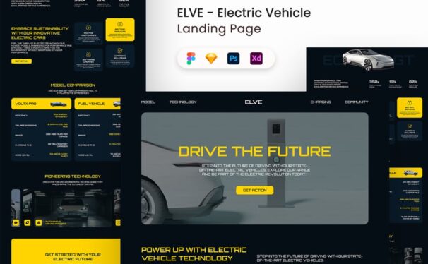 电动汽车着陆页网页UI套件 (FIG,PSD,SKETCH,XD)