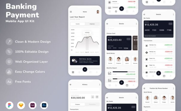 银行和付款移动应用APP UI KIT (SKETCH,FIG,XD,PSD)