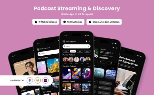 现代播客应用APP UI KIT (FIG,SKETCH,XD)