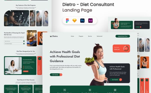 饮食顾问着陆页UI套件网页UI模板 (FIG,PSD,SKETCH,XD)