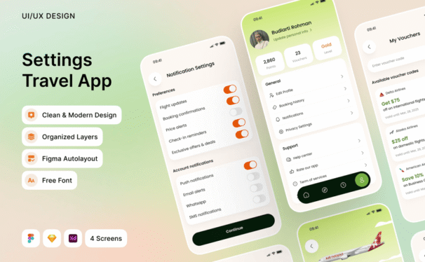个人资料和设置旅行应用APP UI KIT (FIG,SKETCH,XD)