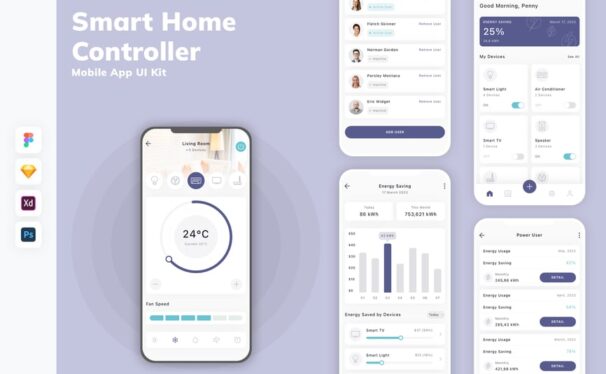 智能家庭控制器移动应用APP UI KIT (SKETCH,FIG,XD,PSD)