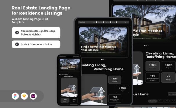 光滑住房着陆页网页模板 (FIG,SKETCH,XD)