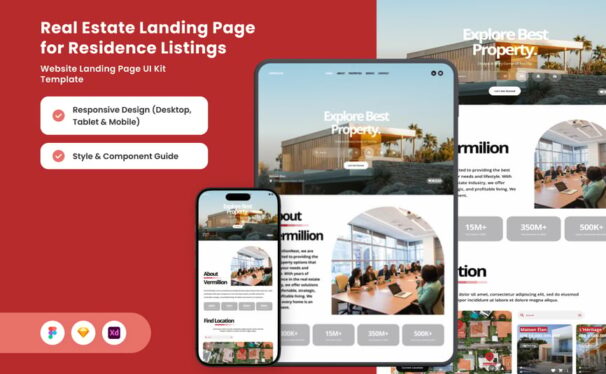 房地产居住地着陆页网页模板 (FIG,SKETCH,XD)
