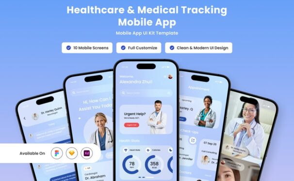 医疗保健和医疗跟踪移动应用APP UI KIT (FIG,SKETCH,XD)