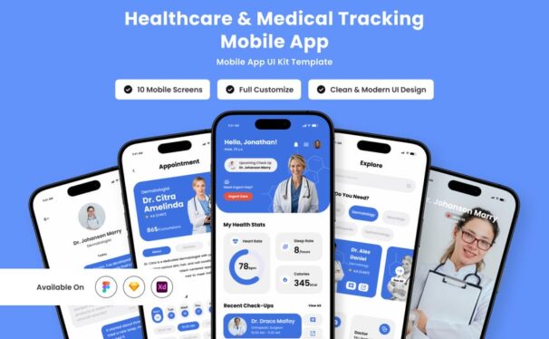 医疗保健和医疗跟踪移动应用APP UI KIT (FIG,SKETCH,XD)
