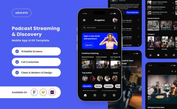 现代黑暗播客应用APP UI KIT (FIG,SKETCH,XD)