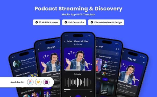 时尚和直观的播客应用APP UI KIT (FIG,SKETCH,XD)