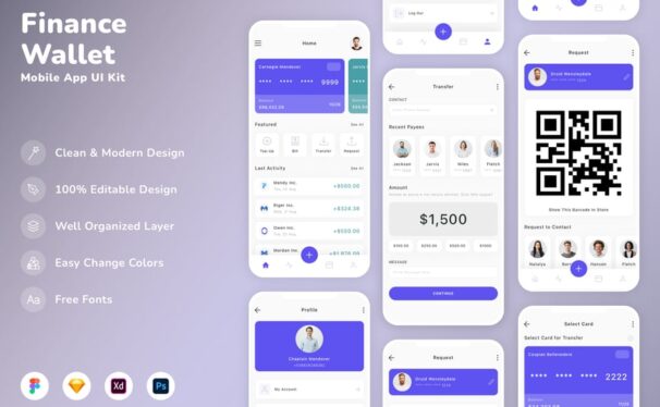 金融和钱包移动应用UI套件APP UI KIT (SKETCH,FIG,XD,PSD)