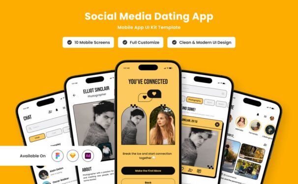 复​​古社交约会移动应用APP UI KIT (FIG,SKETCH,XD)