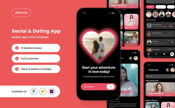 现代社交和约会应用APP UI KIT (FIG,SKETCH,XD)