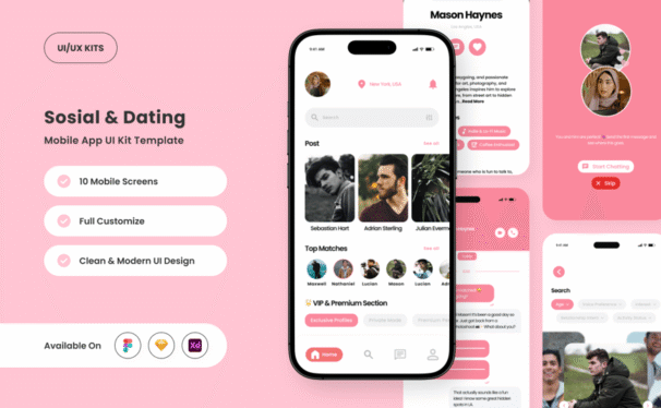 软且浪漫的约会应用APP UI KIT (FIG,SKETCH,XD)