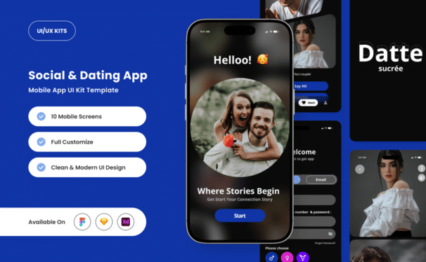 充满活力的约会和社交应用APP UI KIT (FIG,SKETCH,XD)