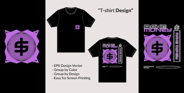 赚钱金钱概念高级T恤服装排版设计矢量图案素材[eps]