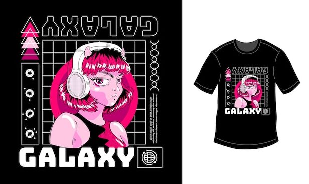 耳机女孩手绘设计插画街头服饰T恤图案素材[ai,eps]