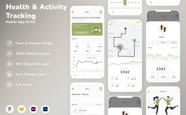 健康与活动跟踪移动应用APP UI KIT (SKETCH,FIG,XD,PSD)