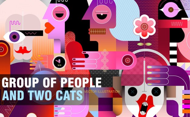 人群和两只猫矢量图 (AI,EPS,JPG,PDF,PNG,PSD,SVG)