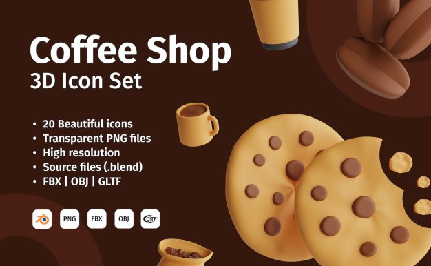 咖啡店3D图标集 (PNG,Blend,fbx,obj)