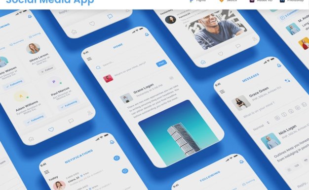 社交媒体，关注者，消息和社区应用APP UI KIT (FIG,XD,SKETCH,PSD)