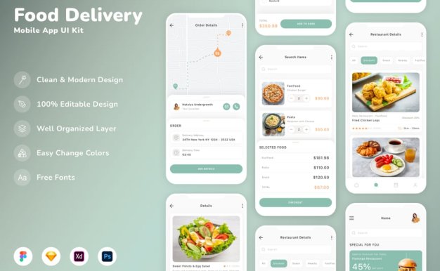 食品配送移动应用APP UI KIT (SKETCH,FIG,XD,PSD)