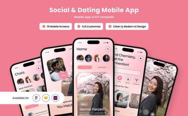 社交和约会移动应用APP UI KIT (FIG,SKETCH,XD)