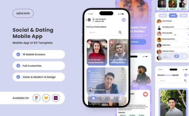 年轻的社交和约会应用APP UI KIT (FIG,SKETCH,XD)
