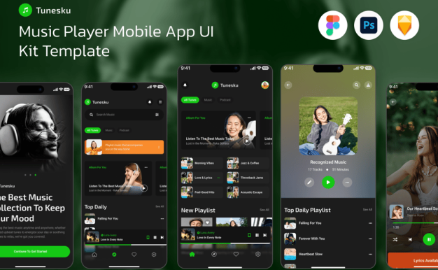音乐播放器流应用APP UI KIT (FIG,PSD,SKETCH)